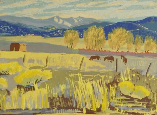 Helen Greene Blumenschein (1909-1989) Truchus Landscape: Helen Greene Blumenschein (1909-1989) Truchus Landscape, Watercolor gouache on paper, Titled lower left and signed lower right in pencil. Dimensions: h: 9 x w: 11.75 in. *** Please inquire for shippin