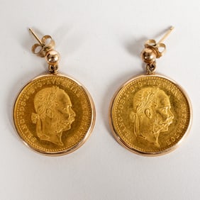 Pair of 1915 Austrian 1 Ducat Gold Coin Earrings.
