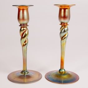 Pair of Steuben Gold Aurene Twist Stem Candle Sticks