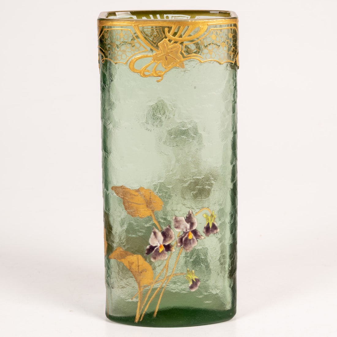Mount Joy Cameo Glass Vase: Mount Joy Cameo Glass Vase Acid Etched with Gilt and Enamel Decoration, With gilt makers mark to underside. H: 6 1/2 W: 3 D: 2 3/8 in.