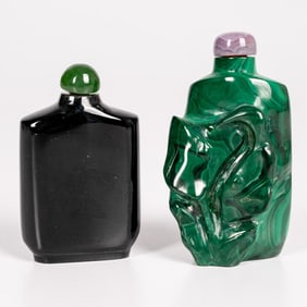 Two Chinese Malachite and Nephrite Jade Snuff Bottles