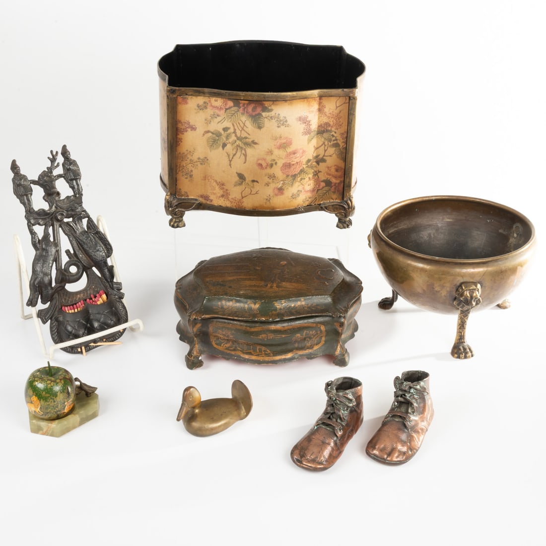 Collection of Brass, Wood, Marble and Copper Decorative Objects: A Collection of Brass, Wood, Marble and Copper Decorative Objects, Including a cast metal matchstick holder with rabbit and duck, an English Celebrate brass and copper jardiniere, and a solid bronze d