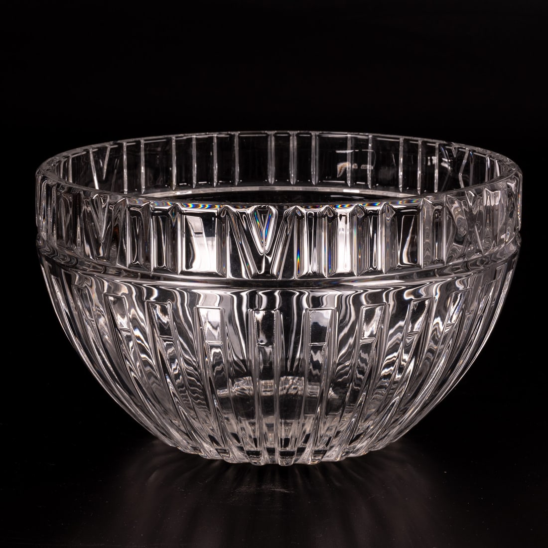 Tiffany and Company Crystal Center Bowl: A Tiffany and Company Crystal Atlas Roman Numeral Center Bowl, Etched signature on underside of base. H: 6 D: 10 in. Property from the Toby Devan Lewis Collection.