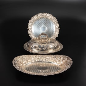 Three Sterling Silver Repousse Serving Bowls and Tray