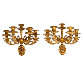 A Pair of French Gilt Bronze Five Candlelight Wall Sconces
