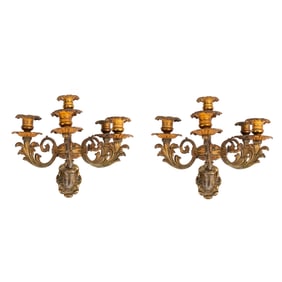 A Pair of French Gilt Bronze Five Candlelight Wall Sconces