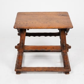 English Carved Oak Stool with Turned Legs
