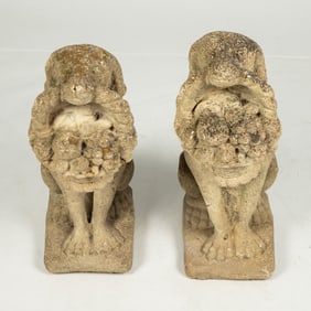 A Pair of Cast Cement Dogs with Baskets Garden Figures