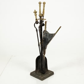 Four Cast Iron and Brass Fireplace Tools with Stand