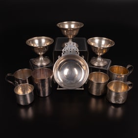 Ten Sterling Silver and Silver Plated Cups, Compotes and Porringer Bowl