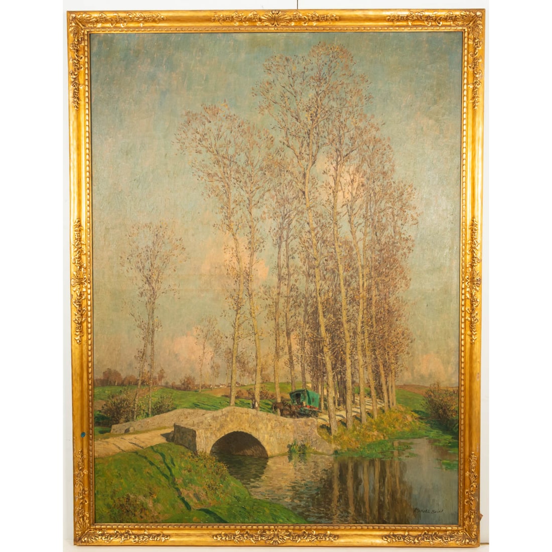 Marcel Adolphe Bain (French, 1878-1937): Marcel Adolphe Bain (French, 1878-1937) Le Petit Pont (Bourgogne), Oil on Canvas, Signed LR. Canvas dimensions: H: 78 1/2 X W: 58 1/2 in. H: 85 W: 65 in. Exhibited 1914 Salon, Society des Artistes No.