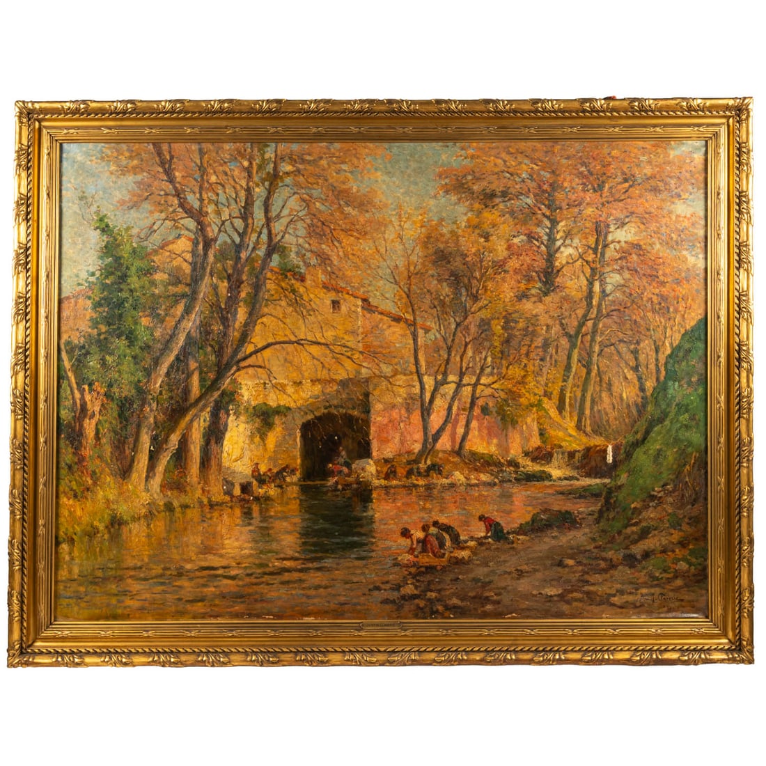 Justin Jules Claverie (French, 1859-1932): Justin Jules Claverie (French, 1859-1932) Le Paradis des Lavandiers, Provence, Oil on Canvas, Signed LR. Canvas dimensions: H: 47 X W: 64 in. H: 54 1/2 W: 71 1/4 in. Exhibited 1914 Salon, Society des