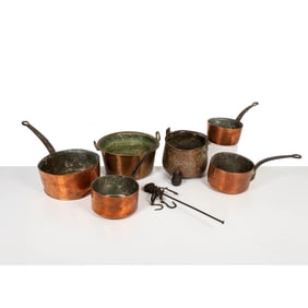 Group of Copper Pans and Scales