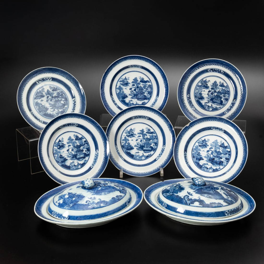 Blue and White Nanking Chinese Export Willow Pattern Porcelains