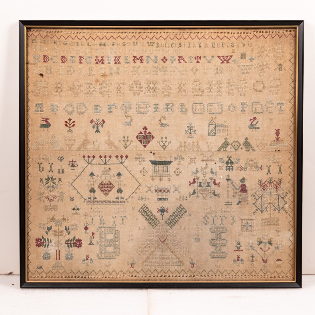 American Needlework Sampler: American Needlework Sampler, Silk on Linen, 18th Century, Possibly New England dated 1774. Image: H: 18 X W: 19 in. H: 19 1/8 W: 20 1/4 in. The collection of an Ohio family.