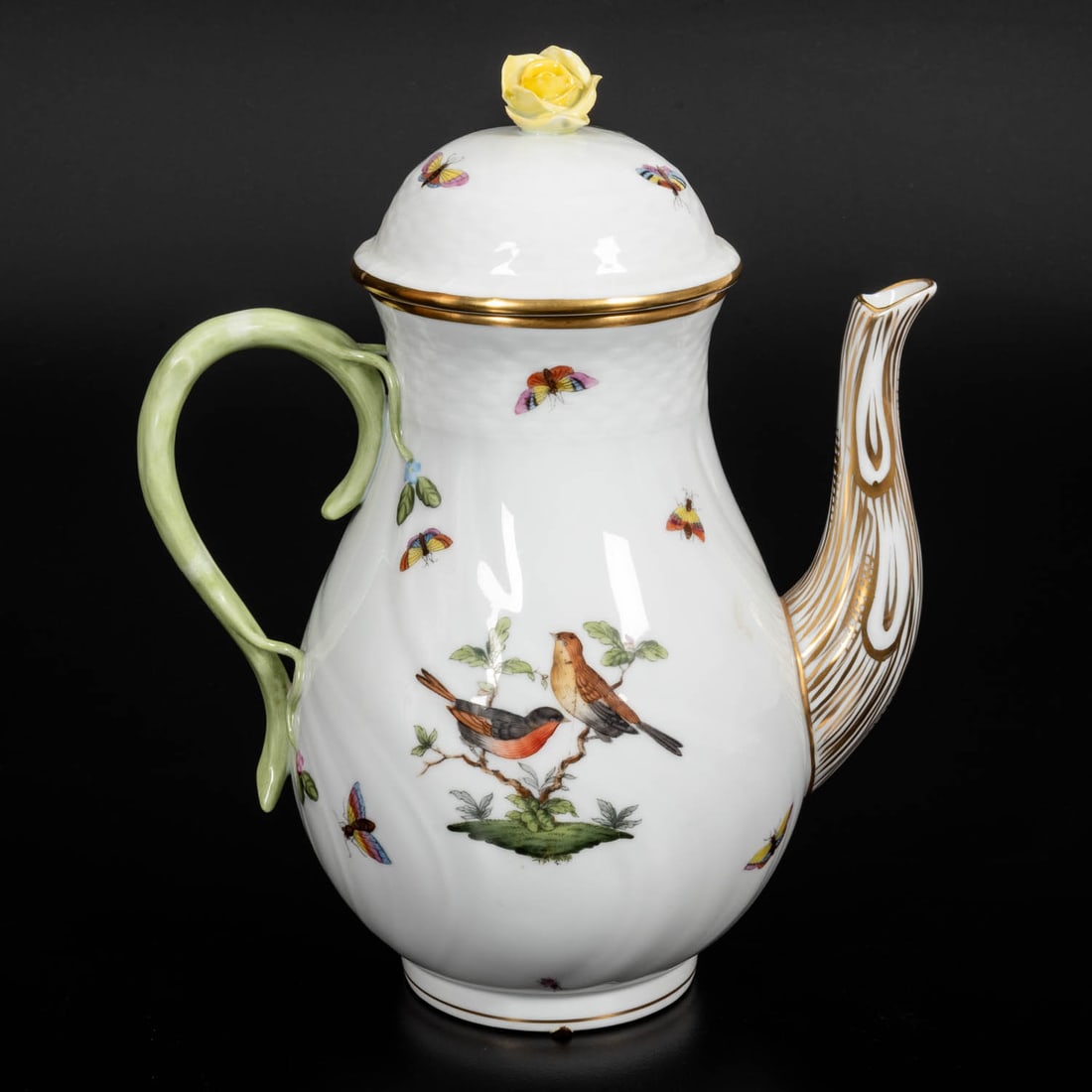 Herend Tea Pot: Herend Tea Pot, 20th Century, In the Rothschild Bird pattern with a green handle and a rose lid finial. H: 10 1/2 W: 8 1/2 D: 5 1/2 in. From the collection of a Northeast Ohio collector.