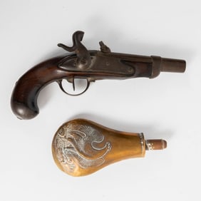 Percussion Pistol and Powder Flask