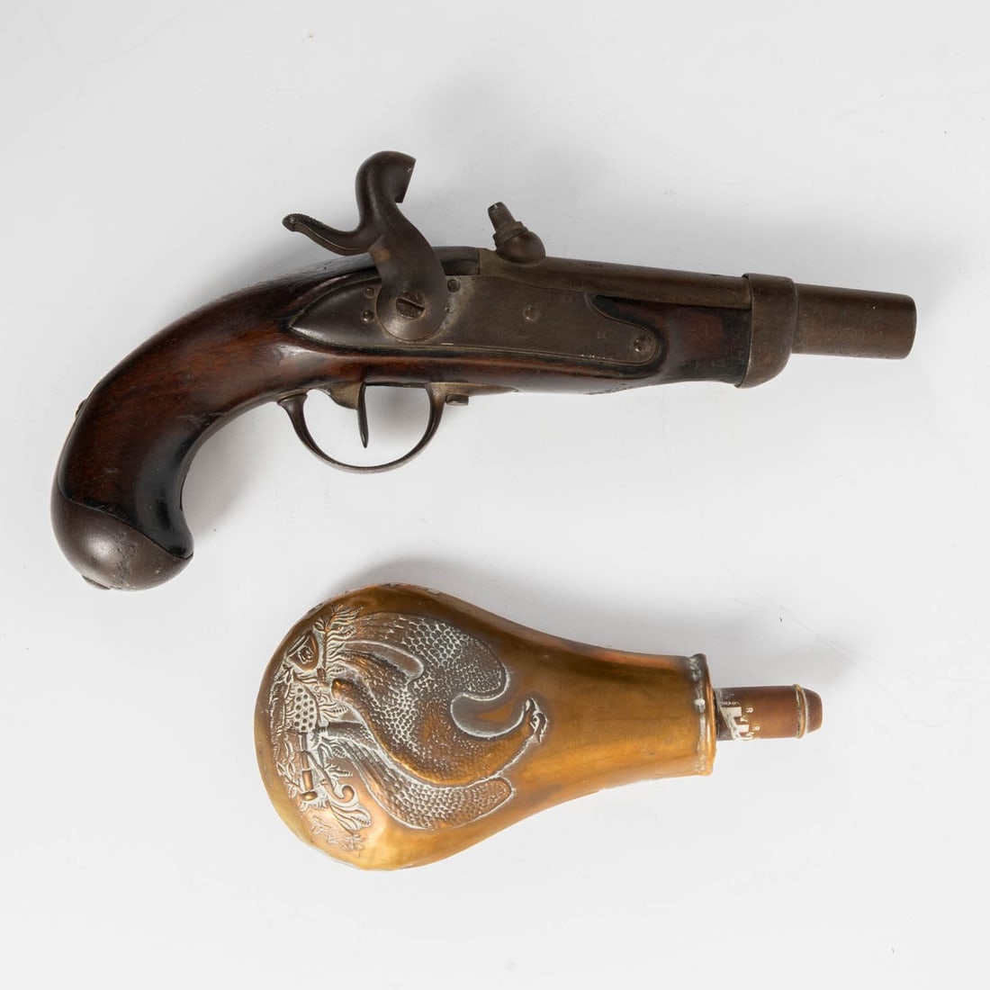 Percussion Pistol and Powder Flask: Percussion Pistol and Powder Flask, 19th Century Manufacture d'Armes de Maubeuge - M.A.M. French military Percussion Pistol Mle 1822 15mm and a Federal Eagle Copper powder flask, often associated with