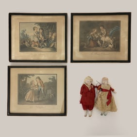 Jean-Baptiste Huet Etchings and Two Miniature Dolls