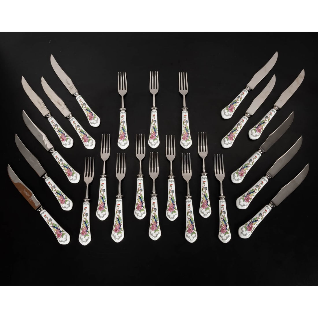 24 Aynsley Knives and Forks: 24 Aynsley Bone China Handled Knives and Forks, 20th Century Boxed sets of a 12 forks and 12 serrated knives in a chinoiserie Pembroke pattern. Knives. L: 8 1/2 in. From the collection of a Northeast