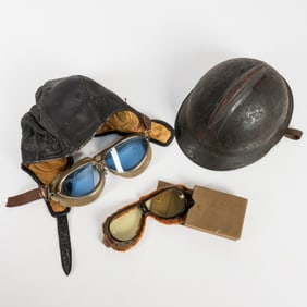 World War I Helmet and WWII Aviator Cap