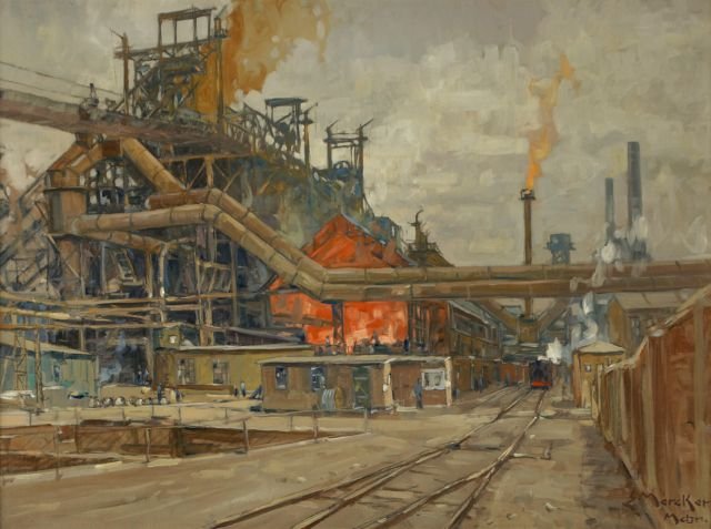 Erich Mercker (German, 1891-1973) German Steelyard, Oil: Erich Mercker (German, 1891-1973) German Steelyard, Oil on canvas, Signed lower right. Framed dimensions: h: 23 x w: 31 in.