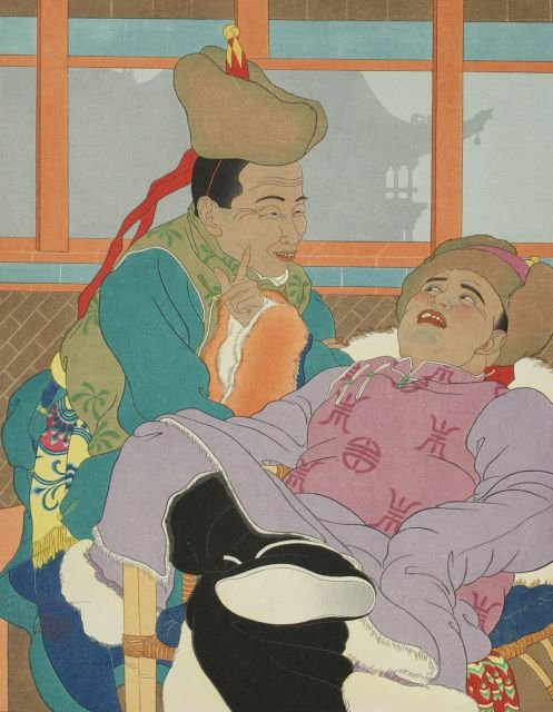 Paul Jacoulet (1902-1960) Une Histoire Tres Drole, Mong: Paul Jacoulet (1902-1960) Une Histoire Tres Drole, Mongols, Color woodcut, Unsigned. Dimensions: h: 15 3/8 x w: 12 in.