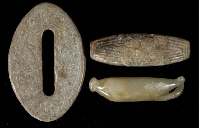 A Group of Three Chinese Carved Jade and Hard Stone Dec: A Group of Three Chinese Carved Jade and Hard Stone Decorative Objects. Largest: h: 0.25 x w: 1.75 x d: 2.75 inches.