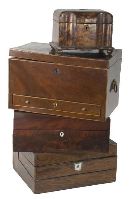 An English Tortoise Shell Tea Caddy, 19th Century,: An English Tortoise Shell Tea Caddy, 19th Century, Together with a rosewood and mother of pearl lap desk and two flame mahogany lidded boxes, 19th century. Largest dimensions: h: 8 x w: 12.75 x d: 8 i