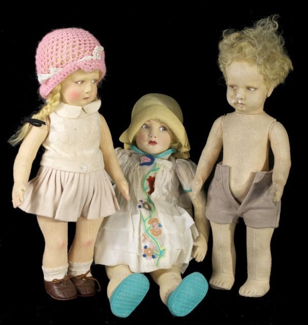 A Group of Three Vintage Italian Lenci Felt Dolls, 20th: A Group of Three Vintage Italian Lenci Felt Dolls, 20th Century, Comprising of two girls and a boy. Largest dimensions: h: 20 in.