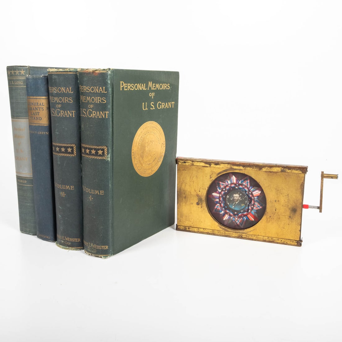 Ulysses Grant Civil War Chromatrope Lantern Slide: Ulysses Grant Civil War Chromatrope Lantern Slide, 19th Century, Brass finished case, double-sided mechanical chromatrope magic lantern slide with a colored photo of Ulysses S. Grant as general