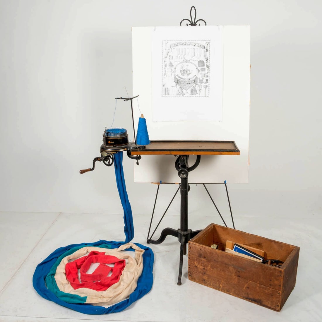 Franz & Pope Autoknitter with Stand: Franz & Pope Autoknitter with Stand, late 19th Century, A Franz & Pope of Bucyrus, Ohio, cast-iron, wood and steel auto sock knitting machine with adjustable stand, instructions and gilded line and