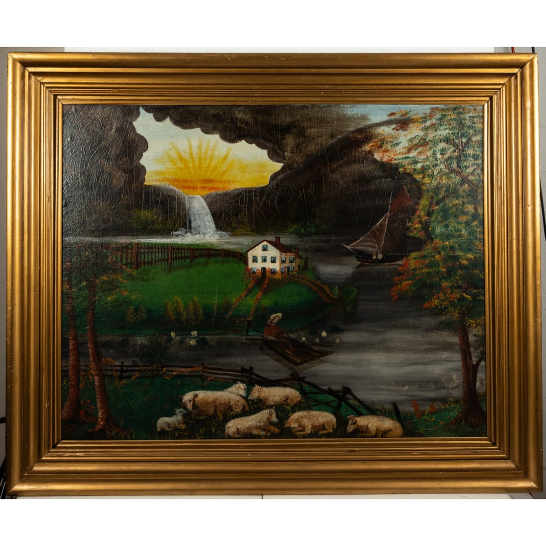 Henry Church Jr. (Chagrin Falls, Ohio 1836 - 1908): Henry Church Jr. (Chagrin Falls, Ohio 1836 - 1908) Saylors Home, Oil on canvas, later mounted to archival board, Titled Saylors Home lower right, visible under black light, and signed in black paint