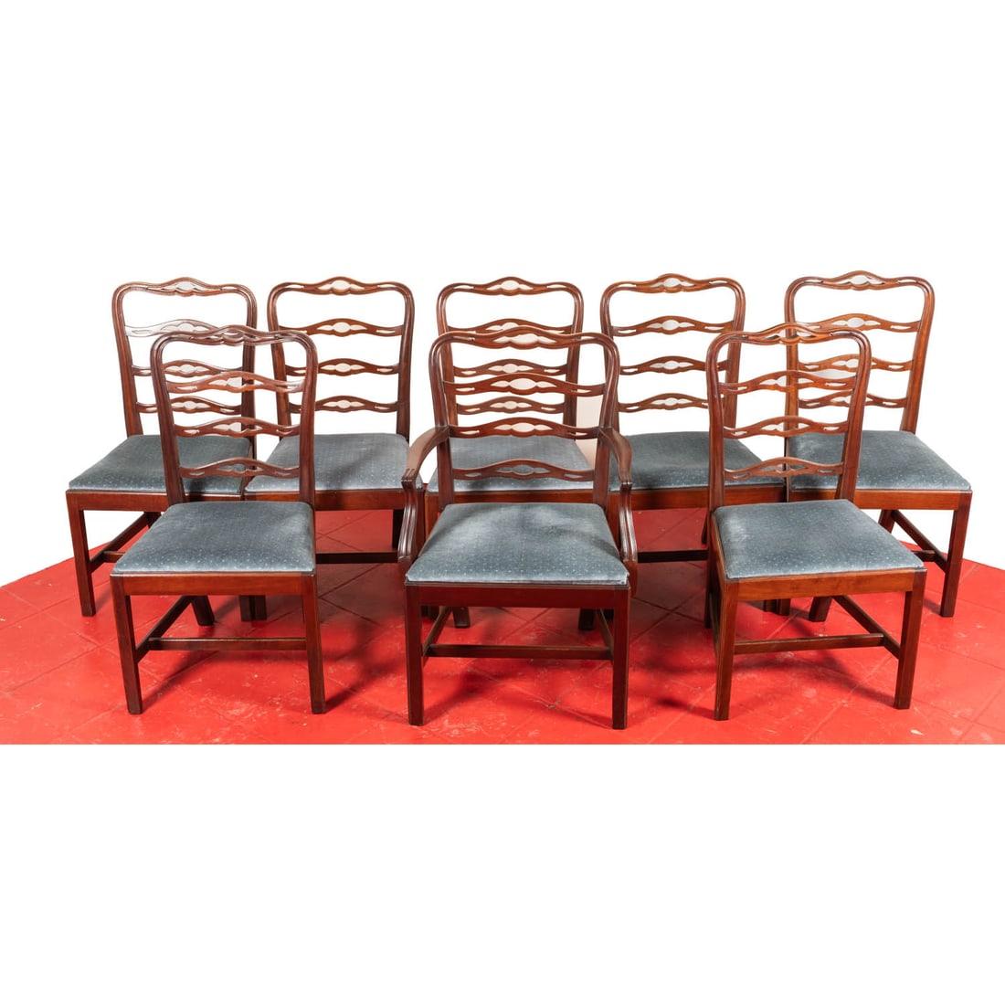 8 Chippendale Style Dining Chairs: Eight Chippendale Style Dining Chairs, 20th Century, American Chippendale style ladderback chairs with curved and pierced crest rail, trapezoidal slip seats reupholstered with velvet. All stenciled