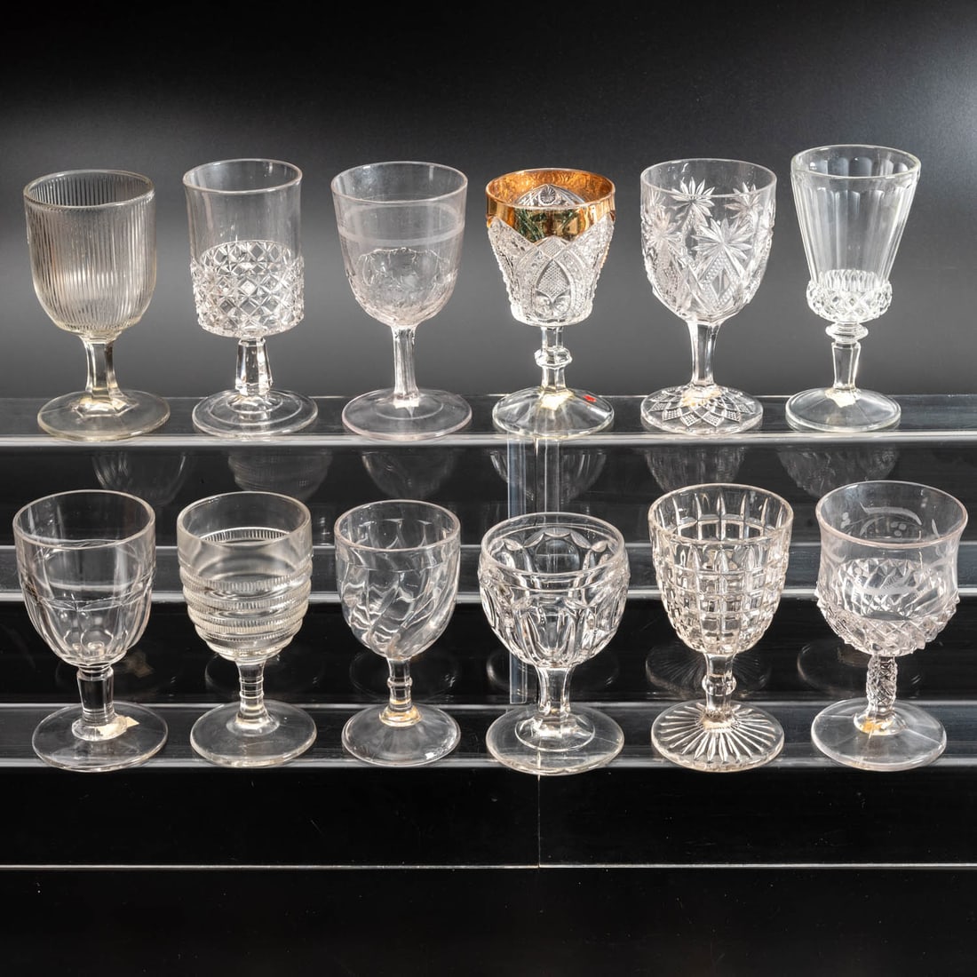 12 EAPG Pressed Glass Goblets: Twelve American Pressed Glass Goblets, 19th/20th Century, Having two, three (tri-mold) or four mold joints. Comprising: Late Block, 1890; Washington, 1869; Flute with Diamond, 1880's; Mascotte, 1870s;