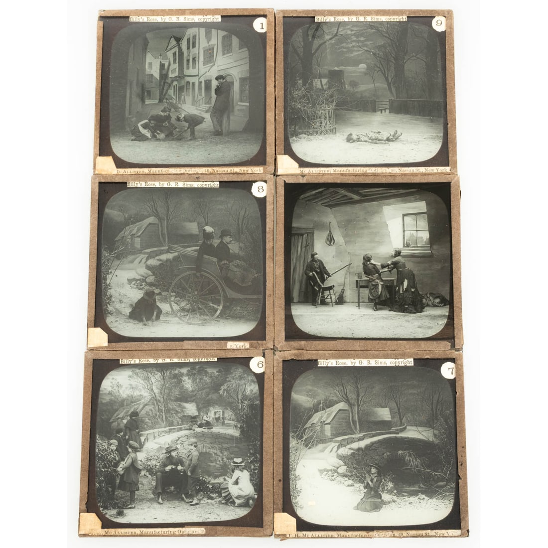 6 Magic Lantern Slides of Billy's Rose: Six Magic Lantern Slides of Billy's Rose, 1887-1888, Black and white photograph transfers on glass photographed in London by York and Sons and sold by T.H. McAllister, Manufacturing Optician, 49 Nassa