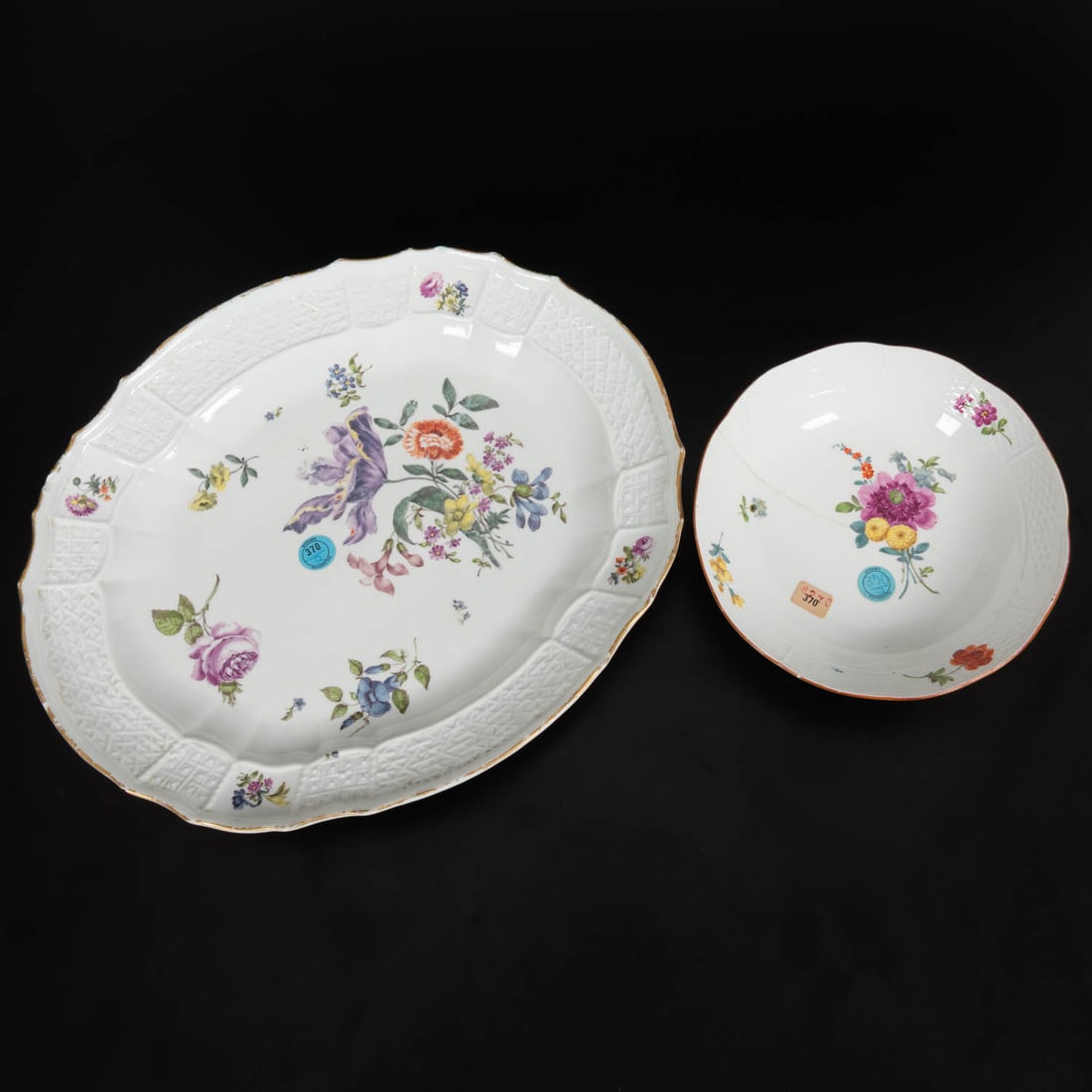 Meissen Porcelain Platter and Bowl: Meissen Porcelain Platter and Bowl, 18th Century Brandenstein platter has a basketweave and diaper molded border, and the bowl has a horizontal basketweave border; both have hand-painted floral