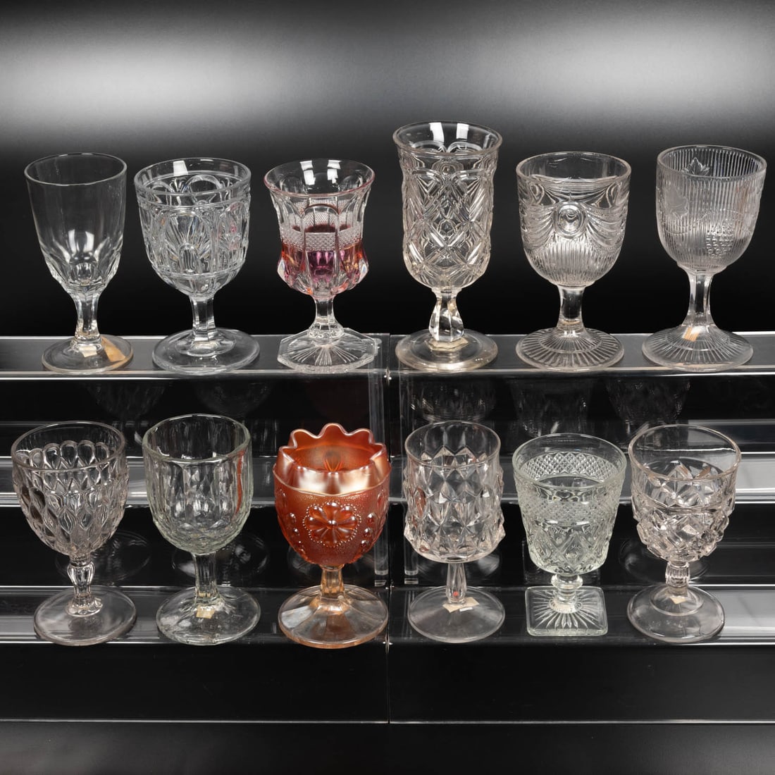 12 EAPG Pressed Glass Goblets: Twelve American Pressed Glass Goblets, 19th-20th Centuries, Having two, three (tri-mold) or four mold joints. Patterns Comprising: Painted Thumbprints, 1880's; Diamond Thumbprint, 1880's; Job's