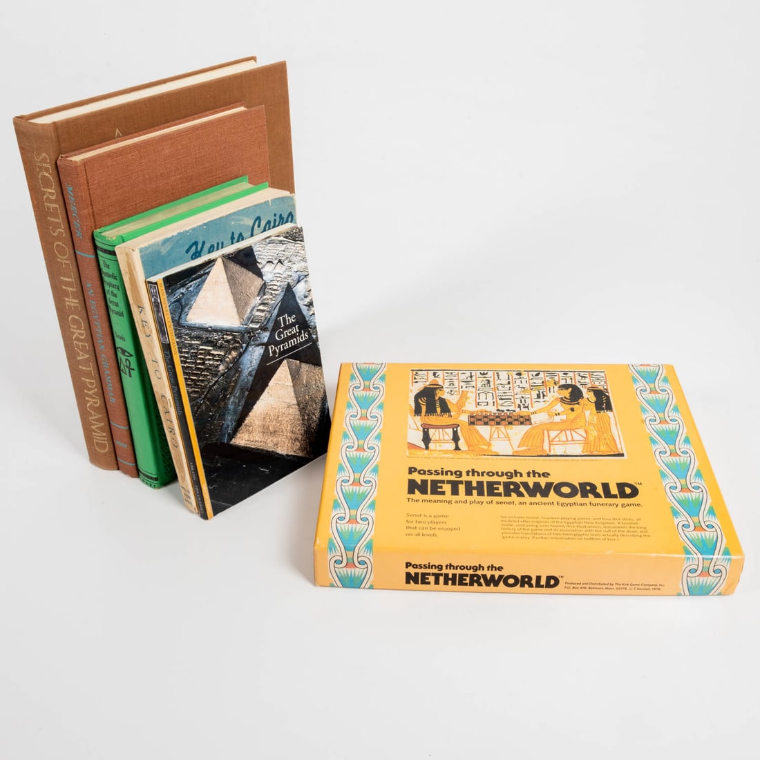 Egyptian Books and Board Game.: Five books about Egypt and Facsimile Senet Board Game. Mid-20th Century. Books include: Secrets of the Great Pyramid (TOMPKINS); An Egyptian Grammar (MERCER); The Great Pyramids (ABRAMS); Key to