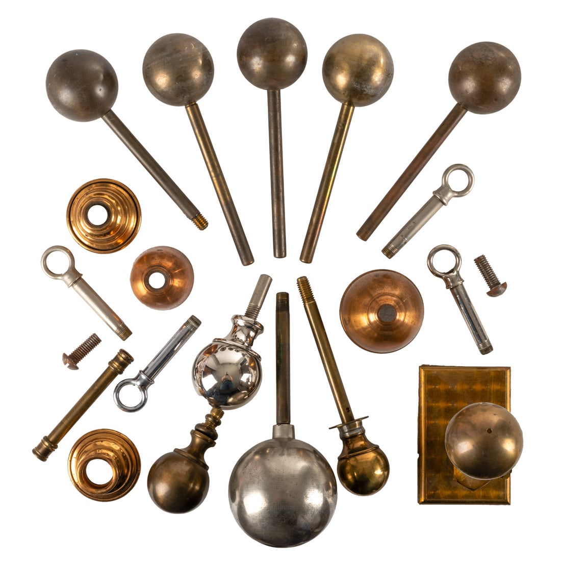 10 Tesla Spheres: Ten Tesla Spheres, 20th Century, Brass, chrome and white metal spheres used for scientific experiments with electricity; one with a stand, and various posts and sleeves; They are an integral part of