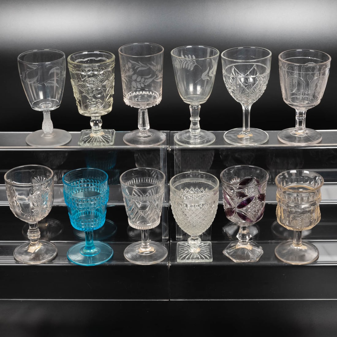 12 EAPG Pressed Glass Goblets: Twelve American Pressed Glass Goblets, 19th/20th Century, Having two, three (tri-mold) or four mold joints. Patterns Comprising: Double Beetle Band, 1880's; Bow-knot Stem, 1880's; Rice Rose, ca. 1890'