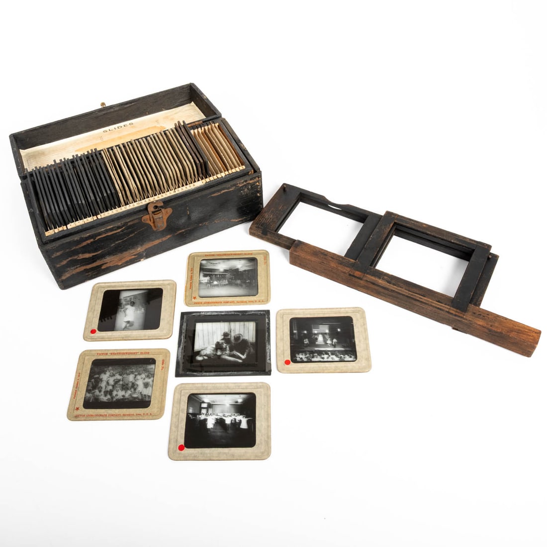 47 Magic Lantern Slides for Children: 47 Magic Lantern Slides for Children, 19th/20th Century, Color illustrated glass lantern slides for children with historic scenes such as Columbus, Crow's Breast, Mount Vernon and Betsy Ross. And blac