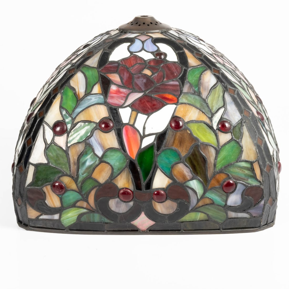Stained Glass Lamp Shade: Stained Glass Lamp Shade, 20th century, unsigned. With inset red glass marbles and rose pattern. H: 9 D: 16 1/2 in.