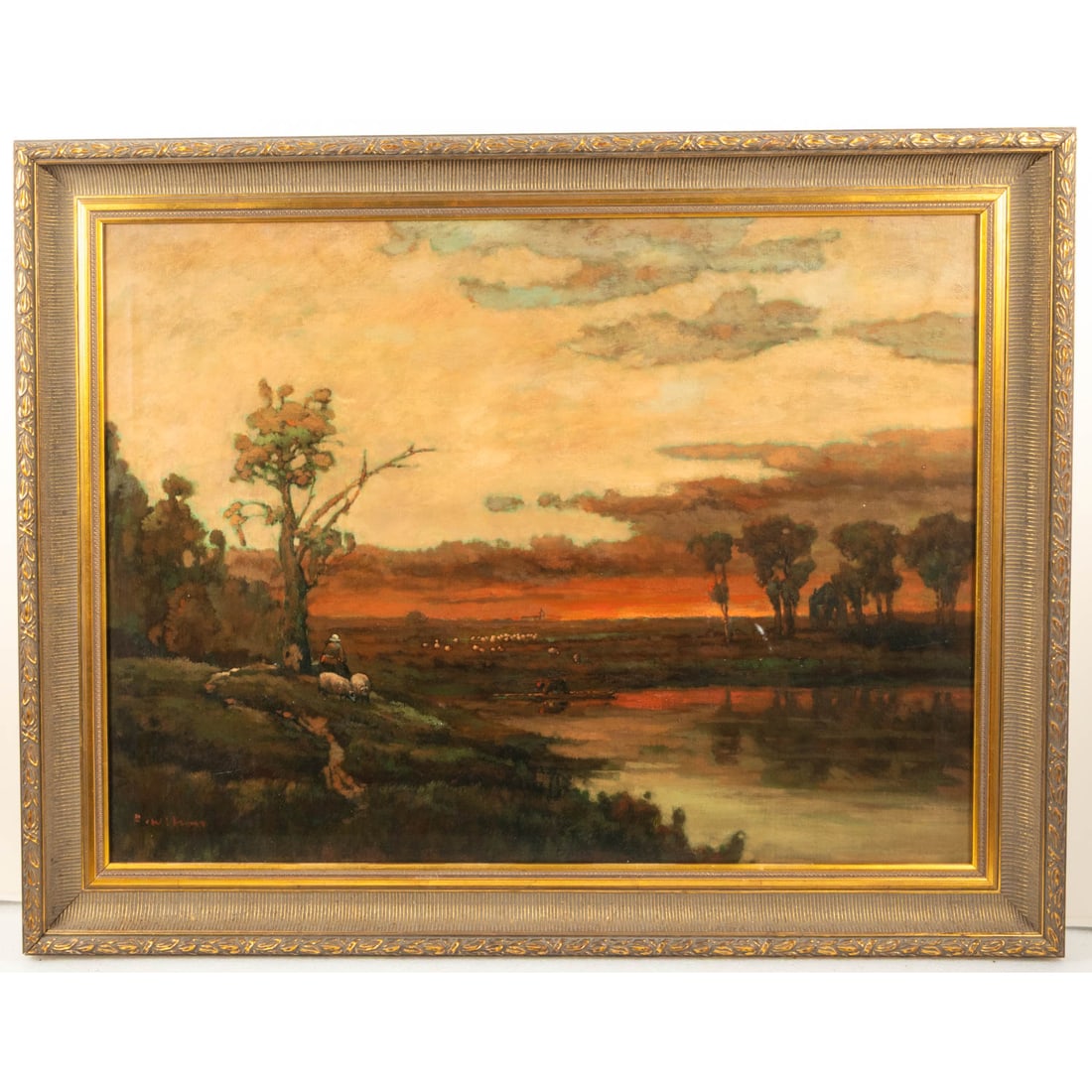 A. Wilson (20th Century): A. Wilson (20th Century) River Landscape with Sheep and Figure, Oil on Canvas, Signed lower left. Image Dim: H: 30 x w: 40 in. H: 36 7/8 W: 47 D: 2 1/2 in.