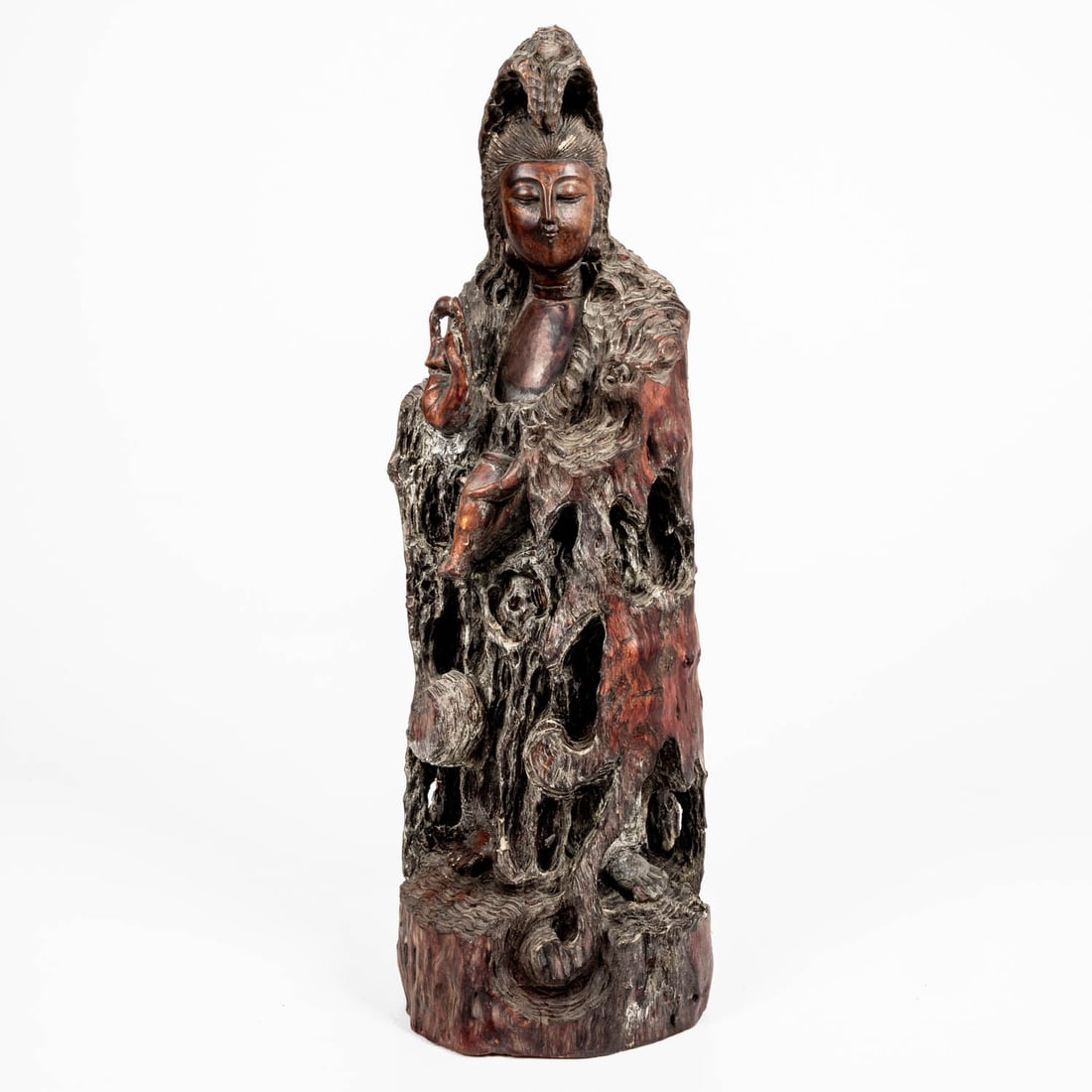 Chinese Carved Hard Wood Guanyin Goddess Figure: Chinese Carved Hard Wood Guanyin Goddess Figure, 20th Century. H: 21 W: 6 D: 6.5 in.