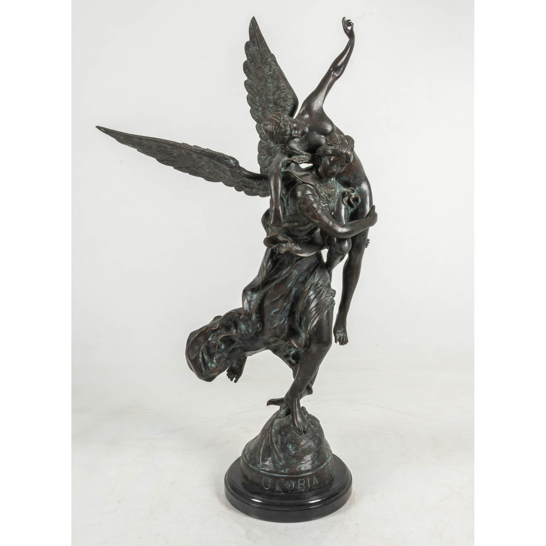 Maitland-Smith Gloria Victus: Maitland-Smith Gloria Victus, 20th Century, Patinated brass sculpture on a marble base. H: 37 W: 21 D: 16 in.