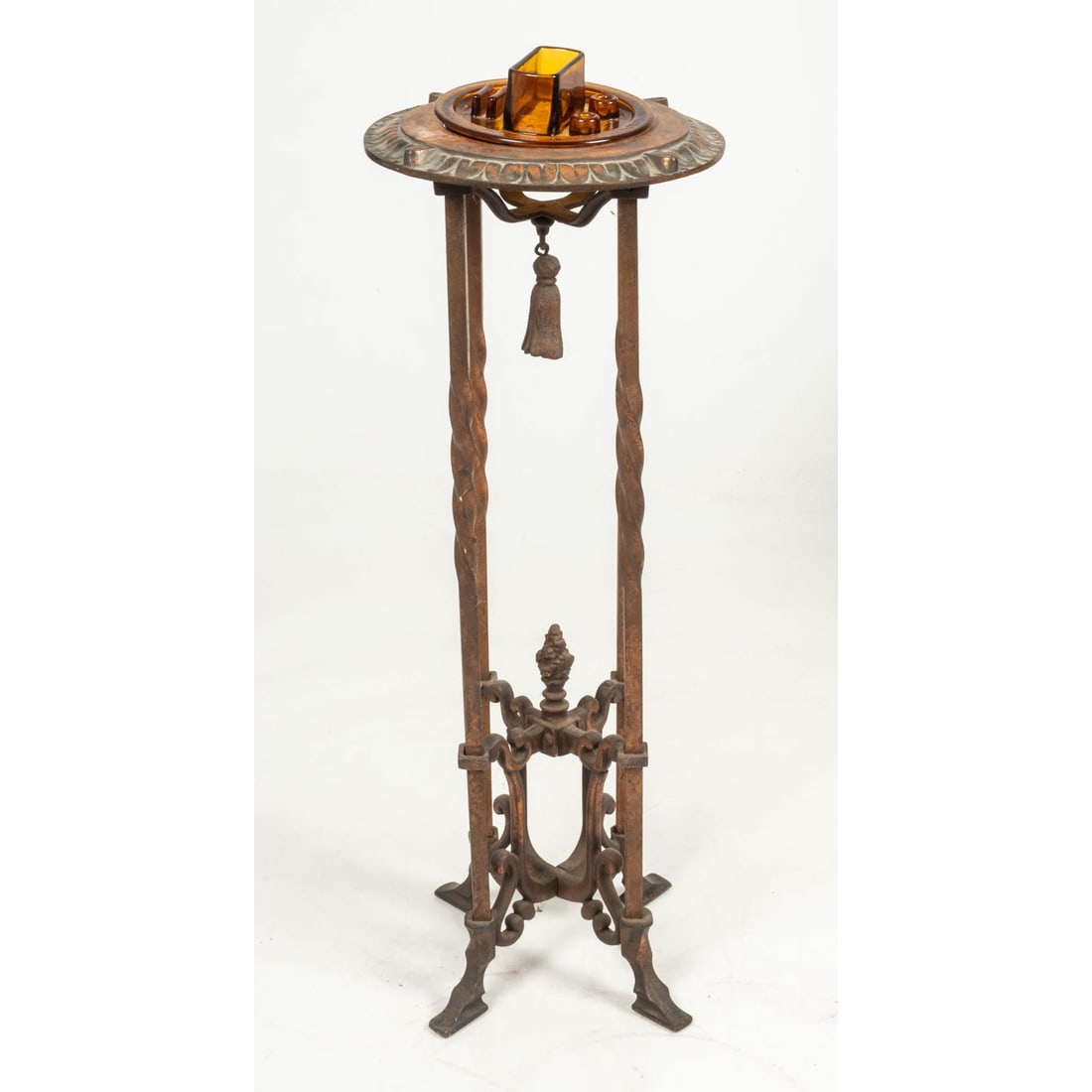 Art Deco Copper Plated Wrought Metal and Glass Smoking Stand: Art Deco Copper Plated Wrought Metal and Glass Smoking Stand, 20th Century. H: 29 D: 10 in.