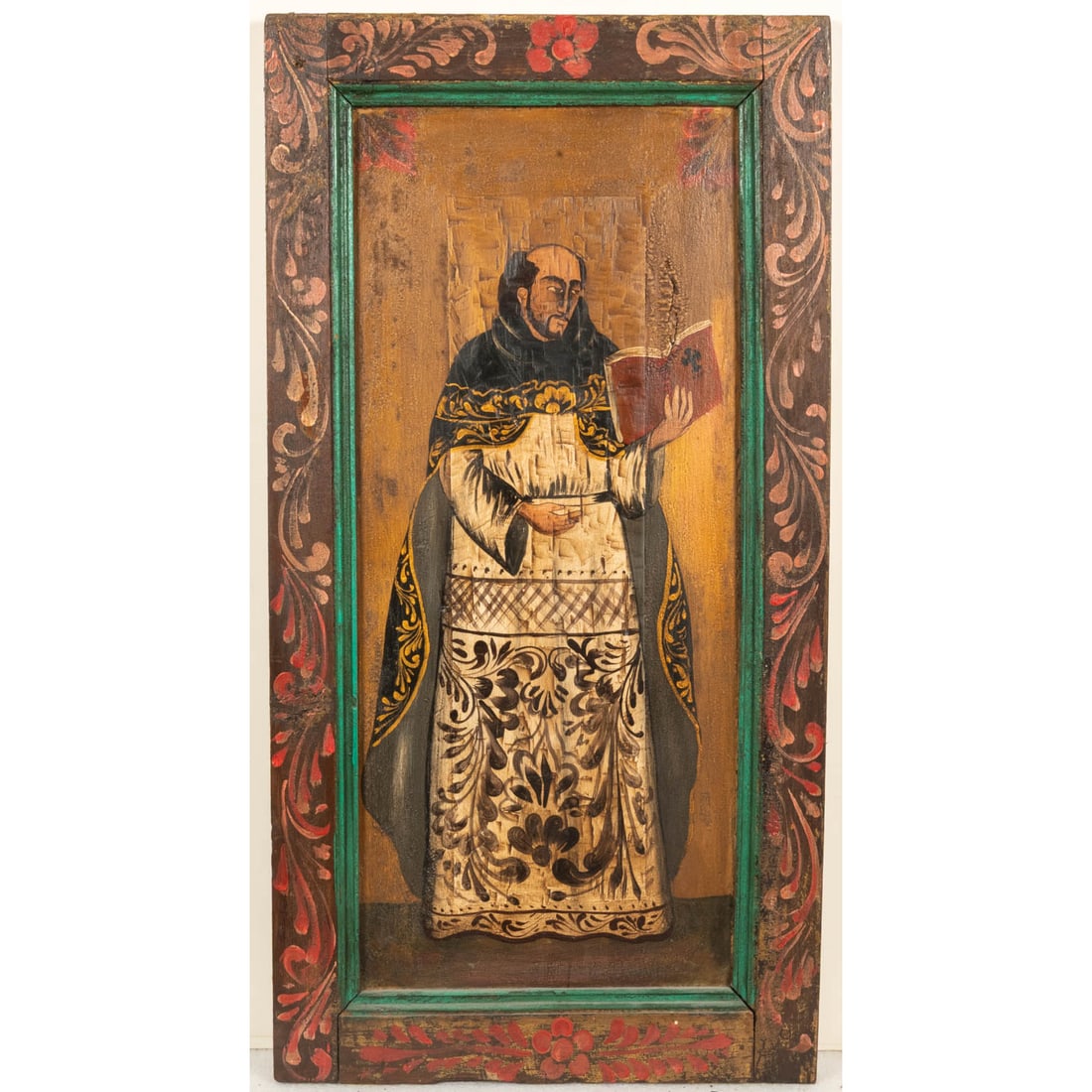 Spanish Colonial Style Painted Wood Door Fragment: Spanish Colonial Style Painted Wood Door Fragment, 20th Century. H: 34 1/4 W: 17 3/4 D: 1 1/4 in.