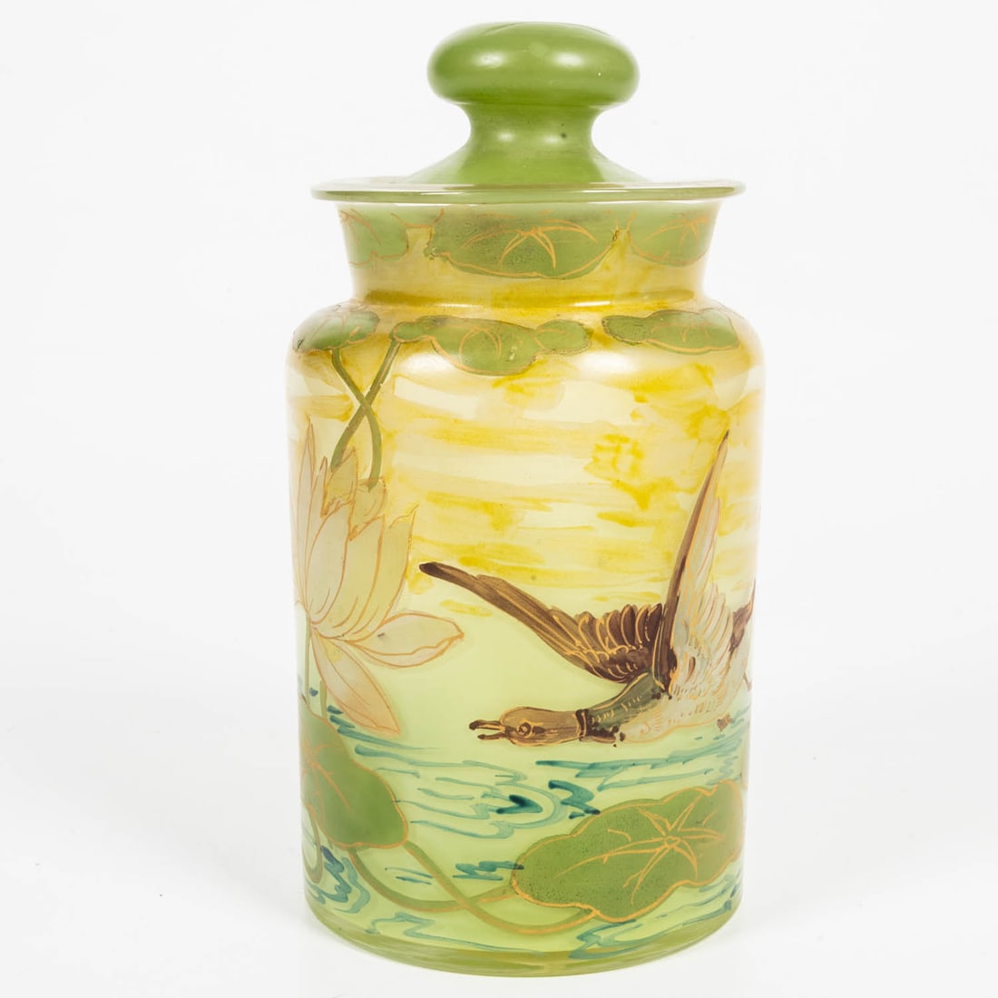 Handel Ware Painted Glass Tobacco Jar: Handel Ware Painted Glass Tobacco Jar, Late 19th Century, Blown glass hand painted with dragonflies. Signed and numbered H091/20. H: 7 3/4 W: 3 3/4 D: 3 3/4 in. American Art Glass by Albert Christian
