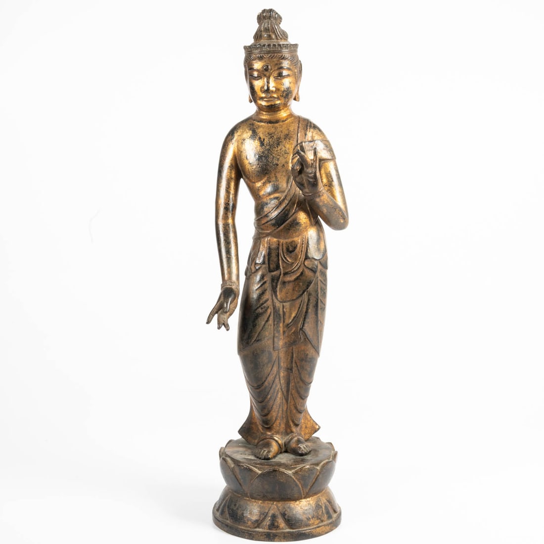 Cast Brass Standing Buddha: Cast Brass Standing Buddha on a Lotus Flower Form Base, 20th Century, With gilt painted decoration. H: 25 W: 6 D: 6 1/2 in.